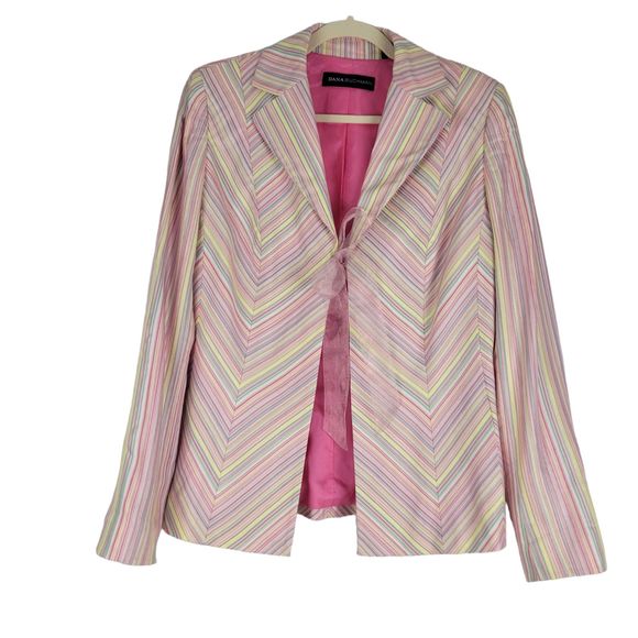 Dana Buchman Blazer Size 10-12 Pink & Multi Color Stripe Jacket Ribbon Cuffs - Picture 1 of 12